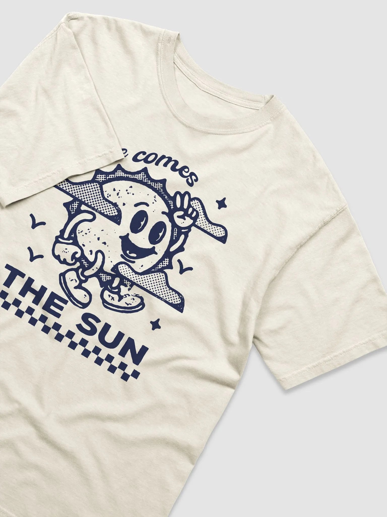 Here Comes the Sun | Motivational Retro-Style Hipster T-Shirt of a Sun Mascot on a Checkerboard Pattern product image (17)