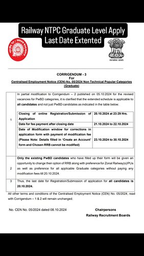 Railway NTPC Graduate Level Apply Last Date Extented #rrb #ntpc