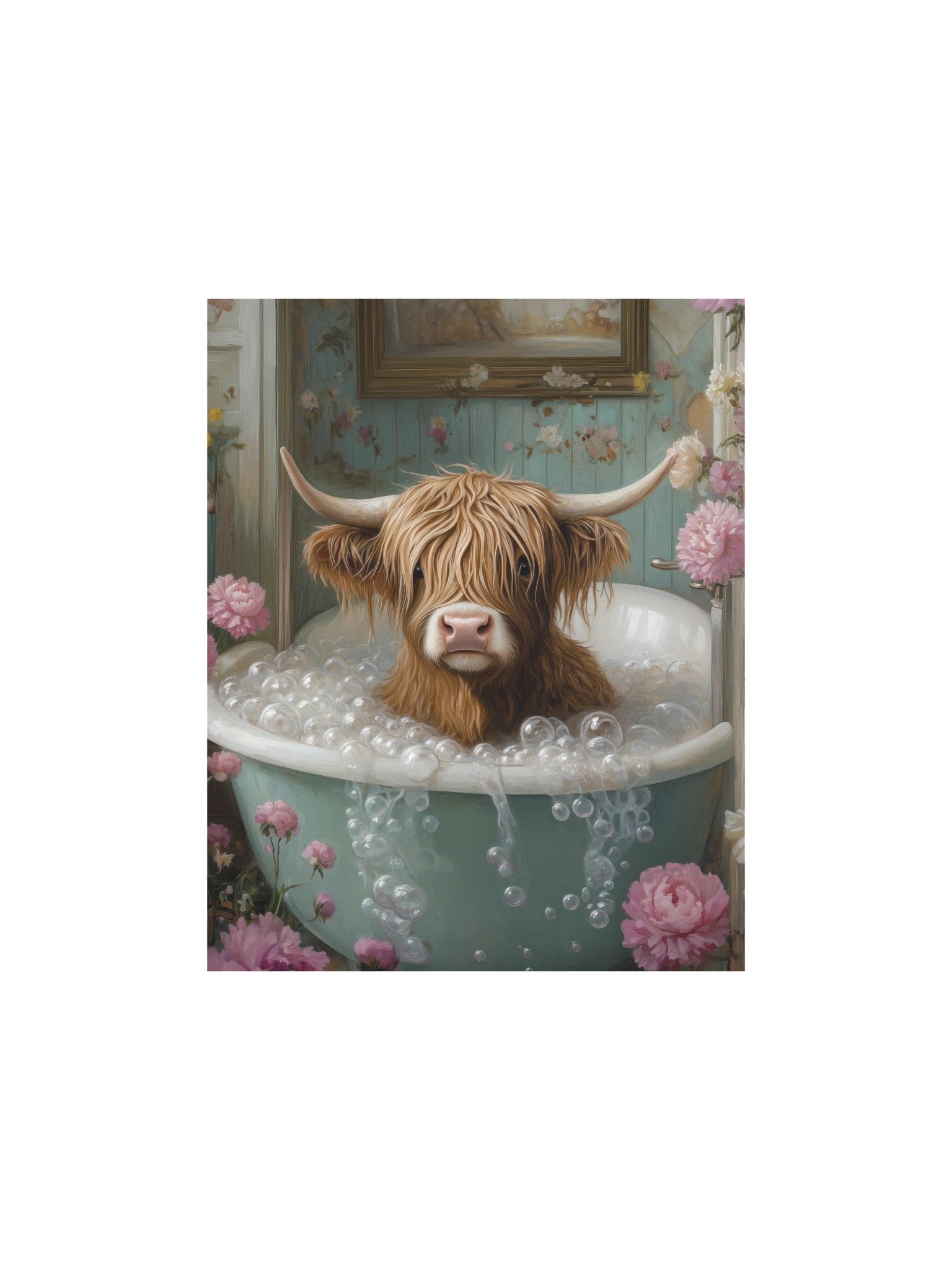 Whimsical Highland Cow in Bathtub Bathroom Art Print product image (1)