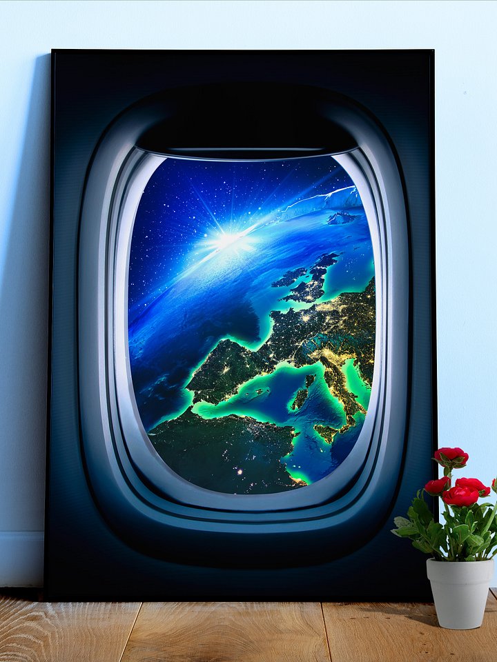 Airplane porthole/window and Earth orbit — Photo paper glossy poster. Space poster, space print, travel gift product image (1)