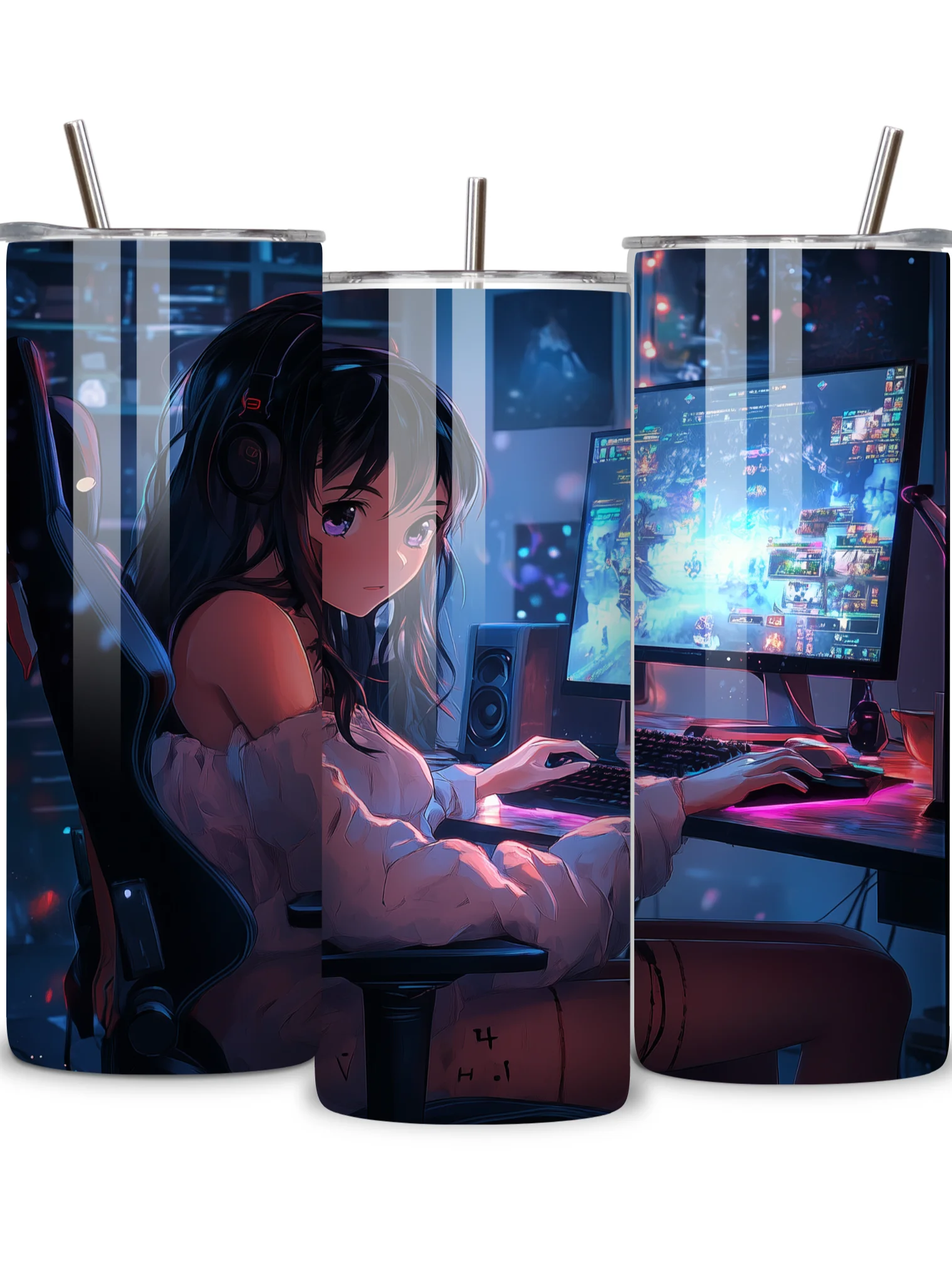 Anime Gamer Girl 20oz Skinny Tumbler with Metal Straw – Vibrant Gaming Setup Design – Double-Walled Insulated Stainless Steel Tumbler Gift for Anime and Gaming Fans (Anime Girl 2) product image (1)