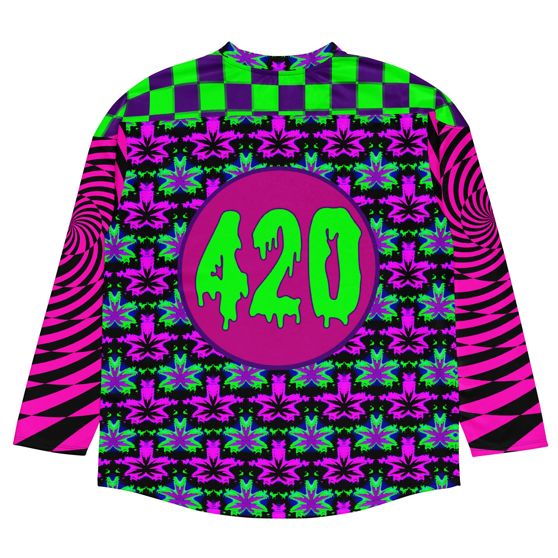 Cannabis Leaf 420 Hockey Jersey, Psychedelic Weed Rave Shirt, Spirals Stoner Clothes, Neon EDM Festival Fashion, Trippy Checkers Techno Top product image (3)