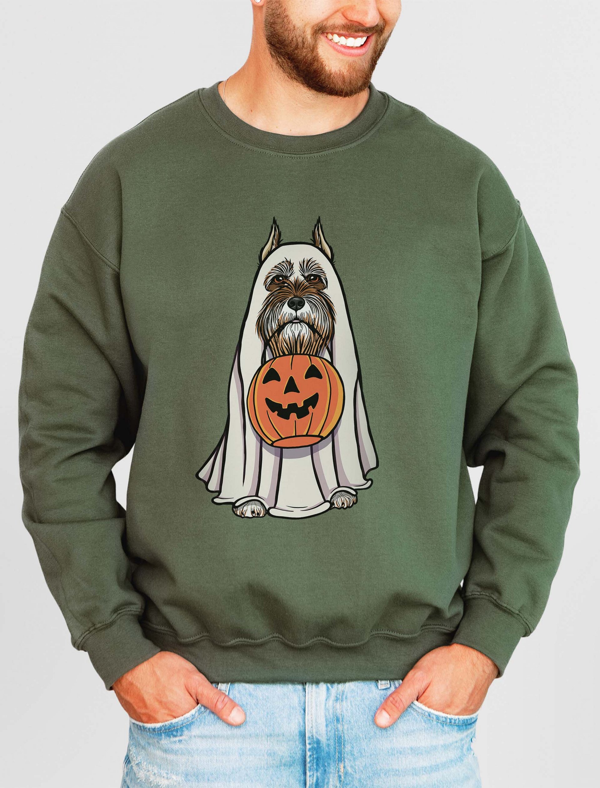 Funny Halloween Schnauzer(Cropped Ears Liver) Sweatshirt | Funny Schnauzer Wearing a Ghost Costume and Holding a Pumpkin Basket product image (2)