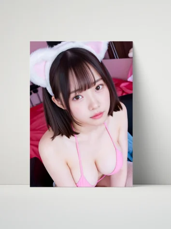 Kawaii Cat Ears Girl 8x10 Metal Wall Art – Pink Bikini Japanese Metal Poster product image (1)