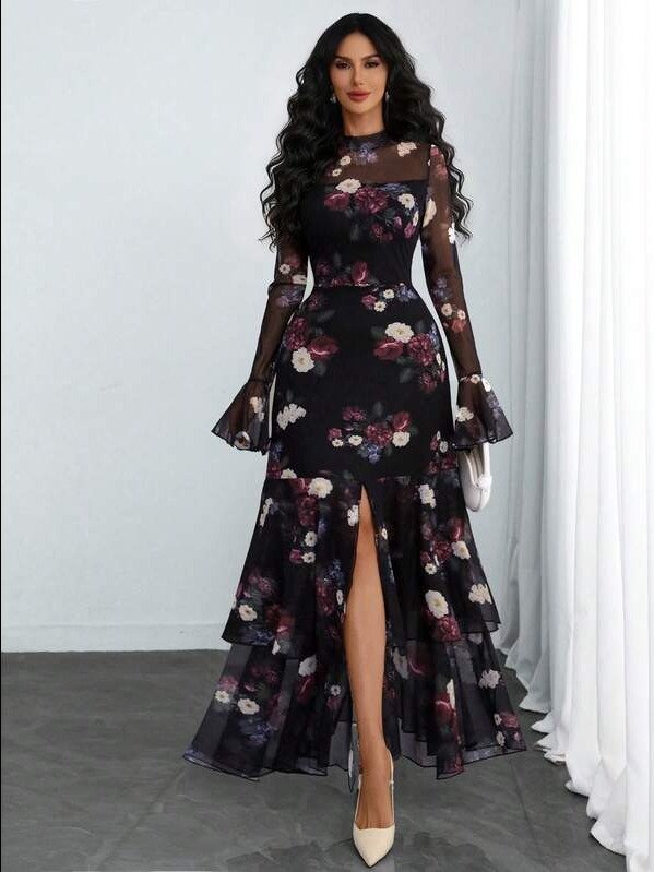 ADLEST Women's French Romantic Sexy Elegant Floral Print Small Stand-Up Collar Waist-Cinching Multi-Layer Dress With Slits, Suitable For Dating, Vacation, And Daily Wear product image (1)