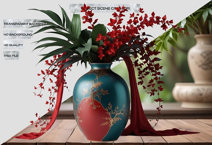 Chinese Porcelain Vase – Red and Teal Elegance with Festive Blossoms PNG product image (2)