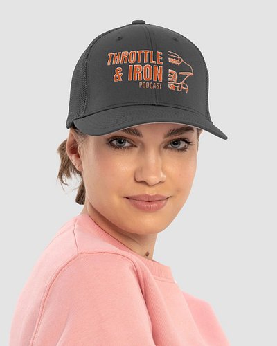 Motorcycle line art, down to the stitching. 🧵

The Throttle & Iron Flexfit Trucker – (HDSG), shown in Charcoal, pairs orange-...