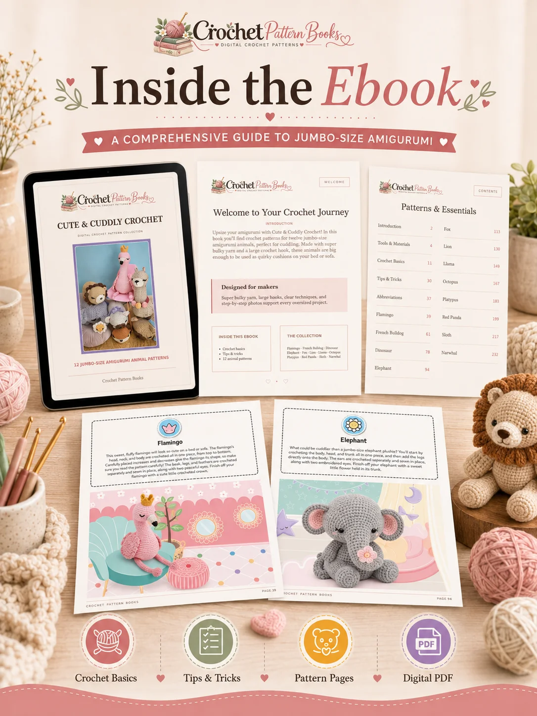 Cute & Cuddly Crochet 12 Jumbo Amigurumi Animal Crochet Patterns PDF Ebook product image (3)
