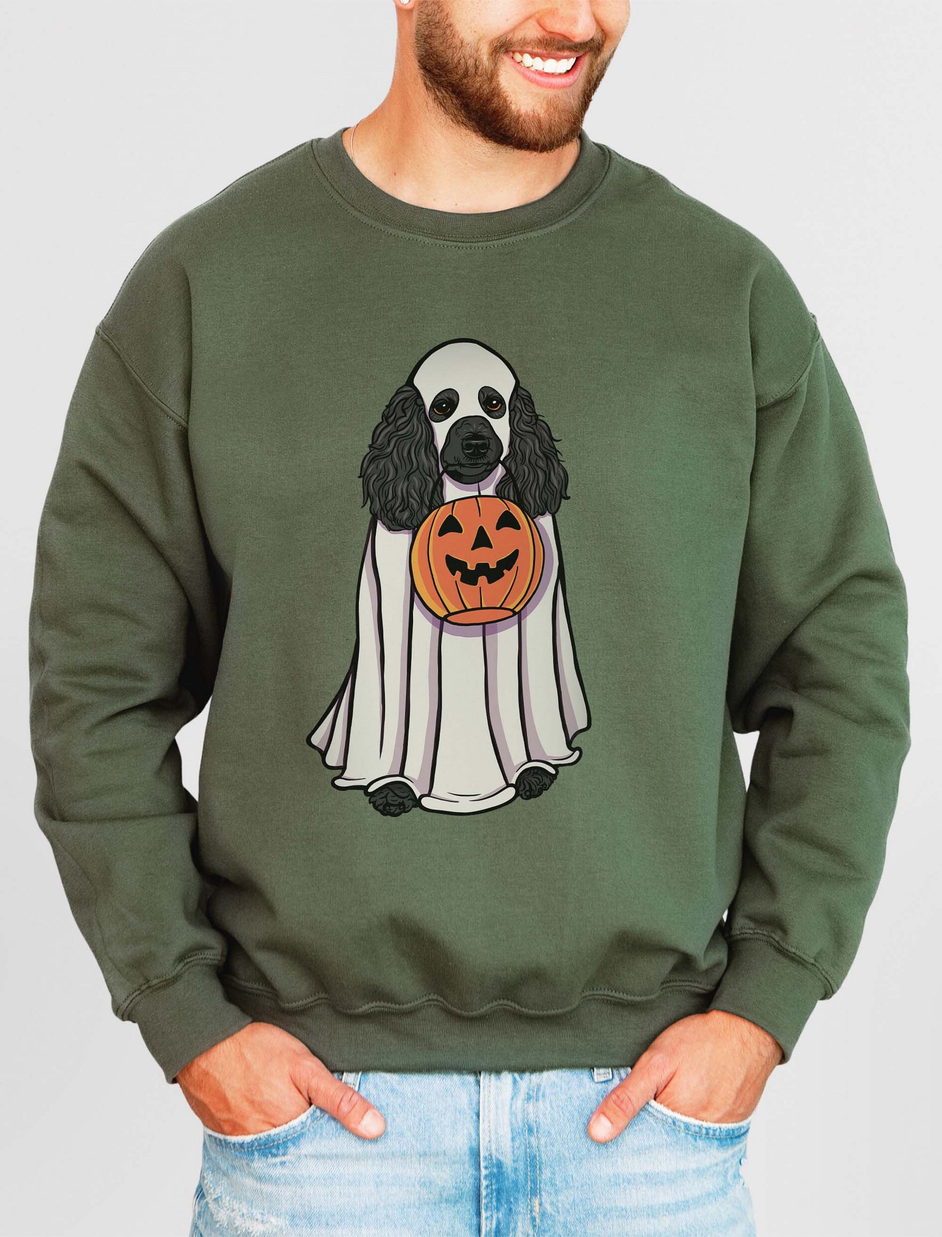 Funny Halloween Poodle(Black) Sweatshirt | Funny Papillon Wearing a Ghost Costume and Holding a Pumpkin Basket product image (2)
