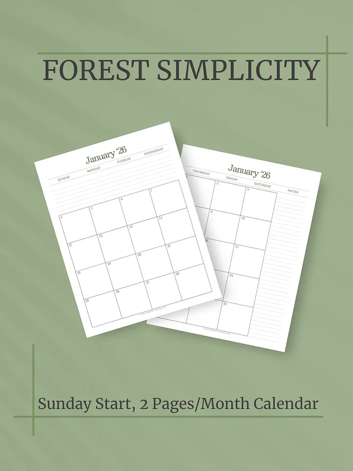 Forest Simplicity 2026 Calendar - 2 Pages per Month, Sunday Start, Letter Size product image (1)