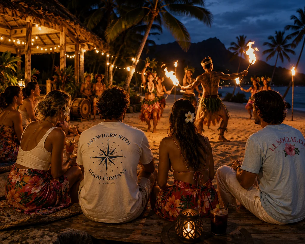 Friends watching a traditional Polynesian fire dance on the beach at night, with palm trees, torches, tropical flowers, and two people wearing LL Social Co. T-shirts.