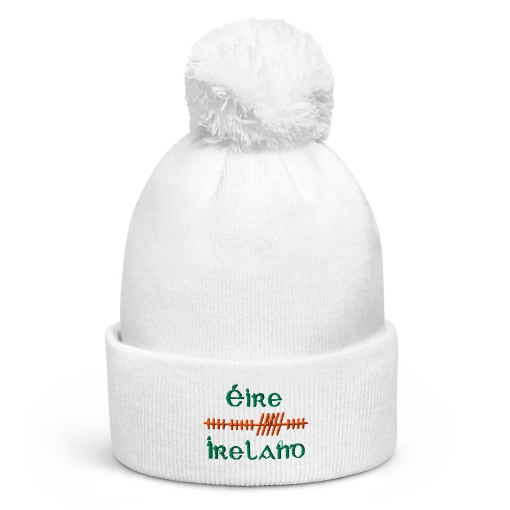 Ireland/Éire Orthodox Style Ogham, White with Green and Orange, embroidered Pom-Pom Beanie product image (1)
