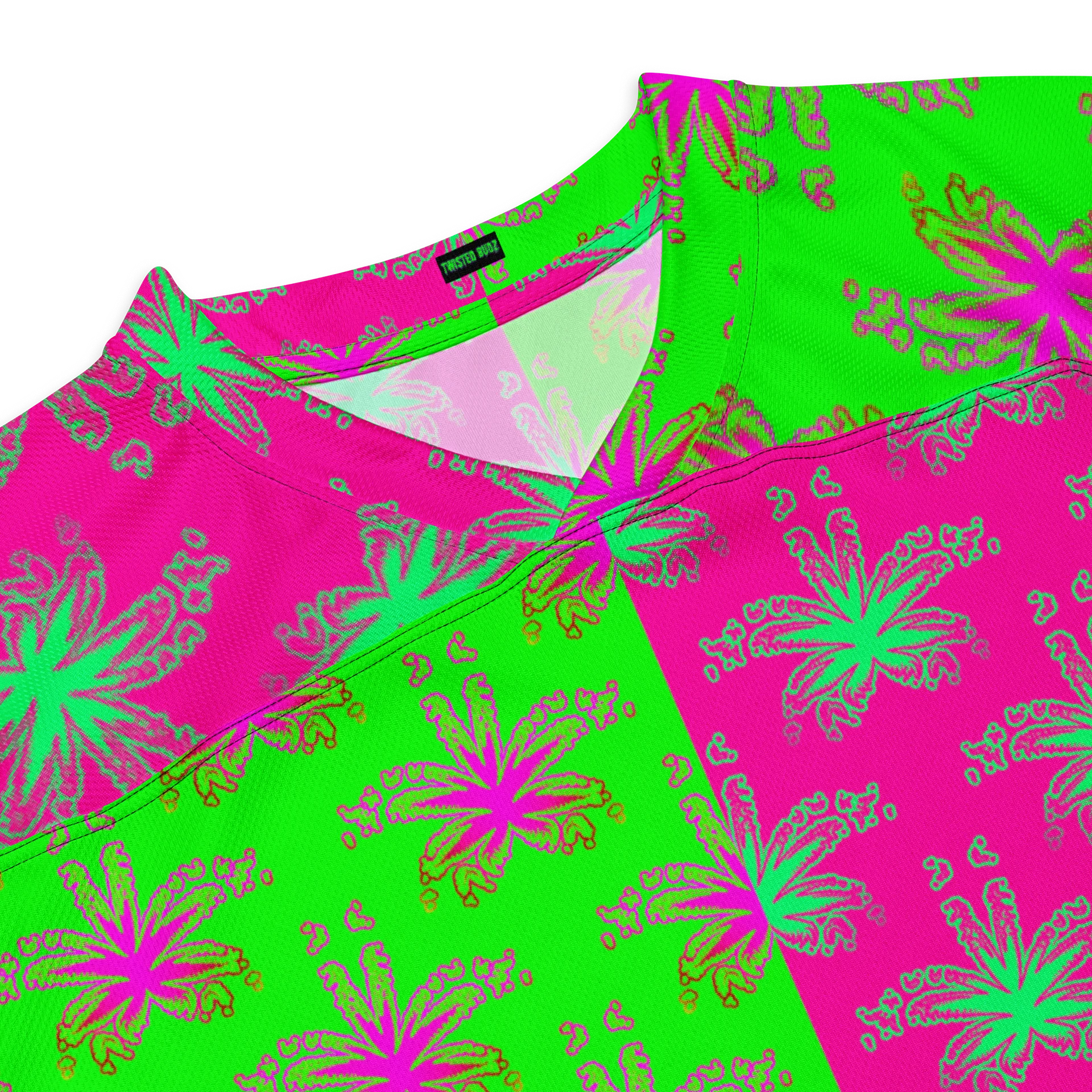 Pot Leaf Stoner Hockey Jersey, 420 Weed Rave Wear, Hot Pink Neon Green Ganja Cannabis Clothing, Pothead Party Festival Fashion product image (2)