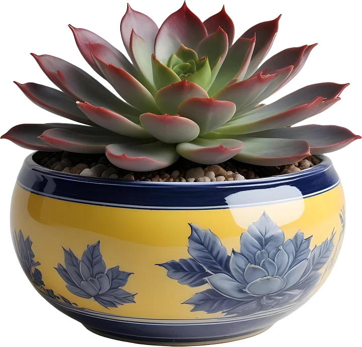 Chinese Porcelain Pot with Succulent – Yellow and Blue Floral Design PNG product image (1)
