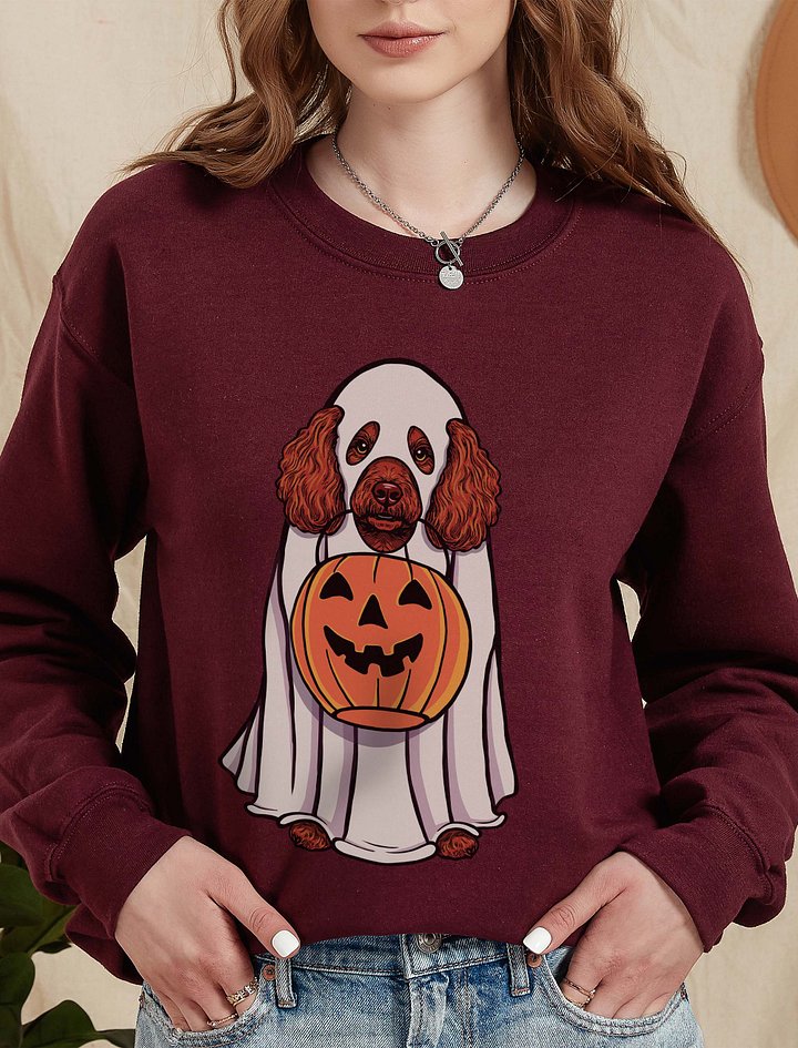 Funny Halloween Mini Poodle(Red) Sweatshirt | Funny Poodle Wearing a Ghost Costume and Holding a Pumpkin Basket product image (2)