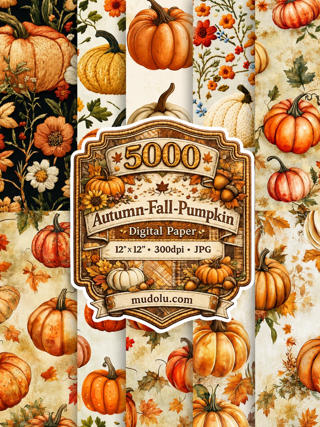 5000 Autumn Digital Paper Bundle, Fall Pumpkin Leaves Acorn Sunflower product image (10)