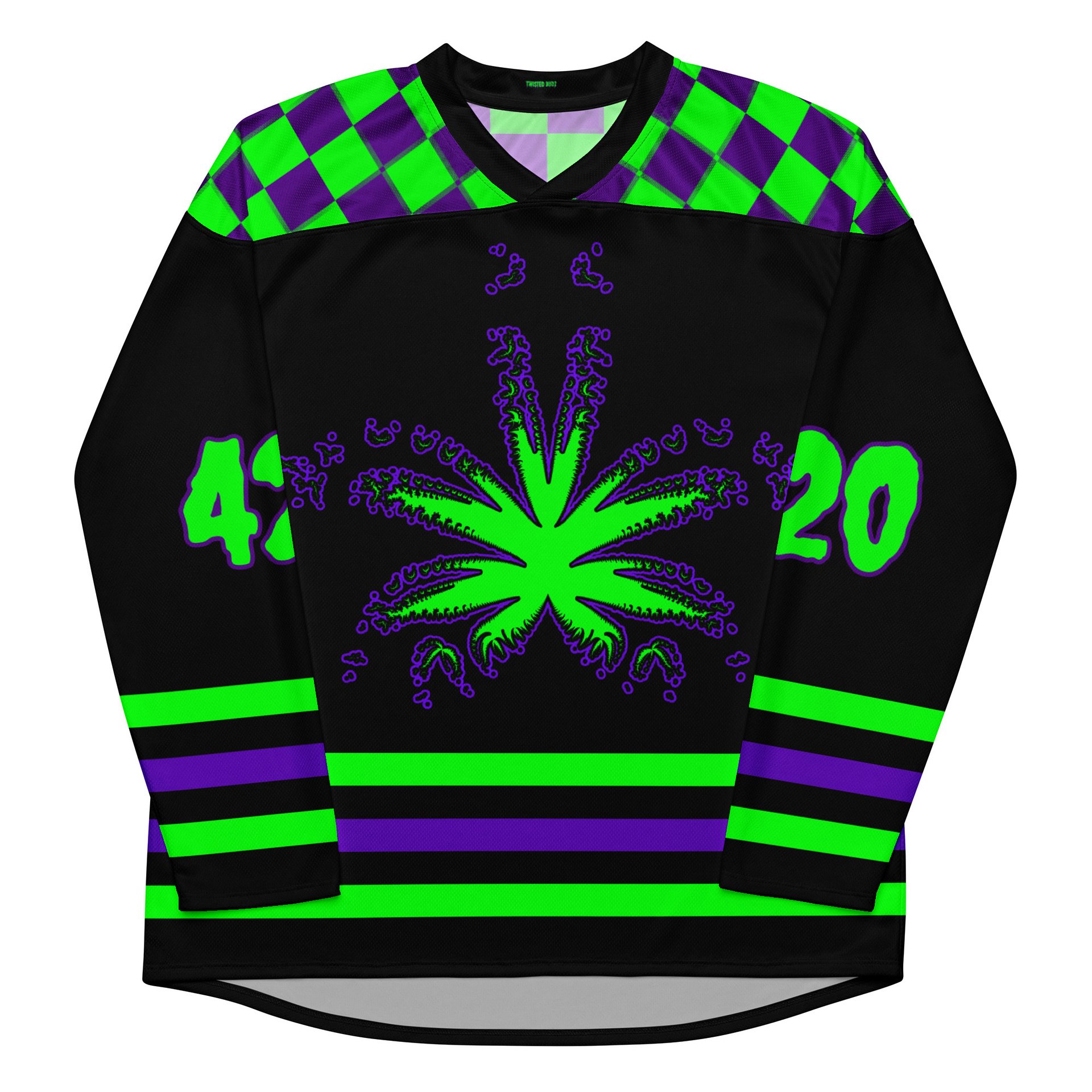 Stoner Raver 420 Hockey Jersey, Cannabis EDM Shirt, Gothic Alt Rave Wear, Weed Music Festival Clothes, Black Purple Neon Green Pot Leaf Top product image (2)