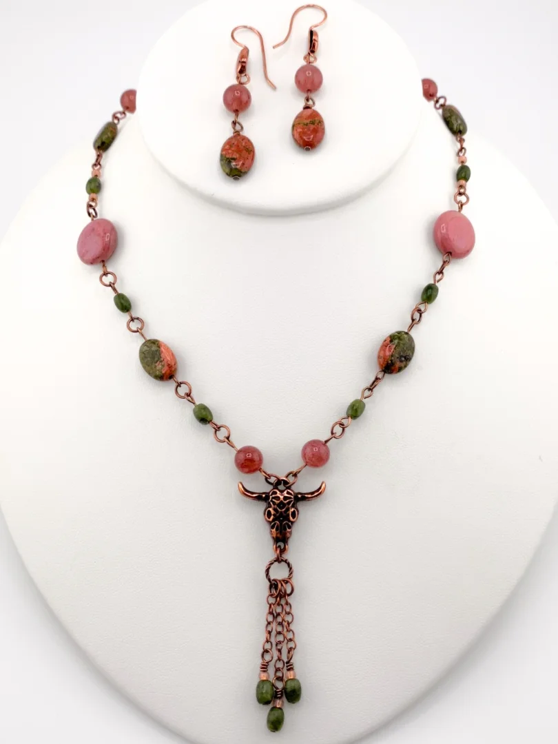 Unakite, Strawberry Quartz, Rhodonite, and Copper Bull’s Head Fringe Necklace and Earrings Set product image (1)