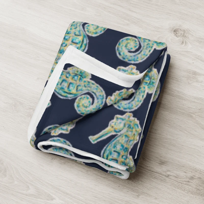 Painted Seahorses on Navy | Cozy Coastal Throw Blanket | by Monique Faella Designs™ product image (8)