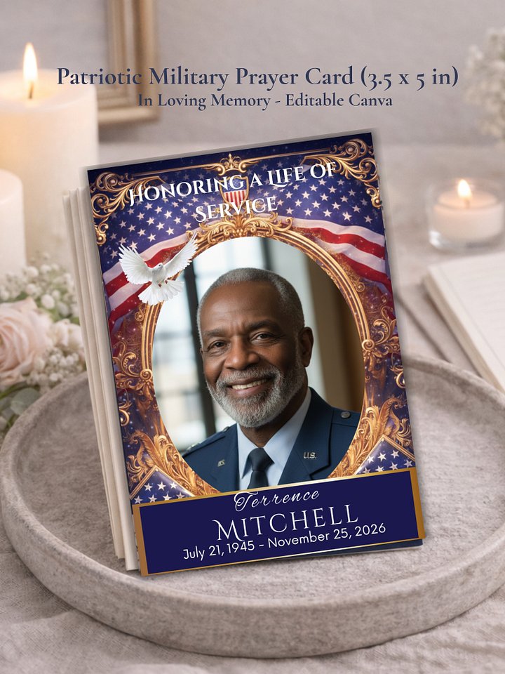 Military Funeral Prayer Card Template, Editable Canva Memorial Card for Veterans and Service Members product image (1)