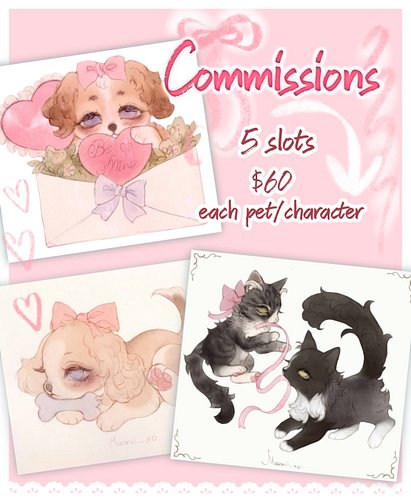 Taking 5 slots for custom pieces of your pet or character 💋
♡ $60 each
♡ A simple background can be requested 
♡ TAT - 2-3 we...