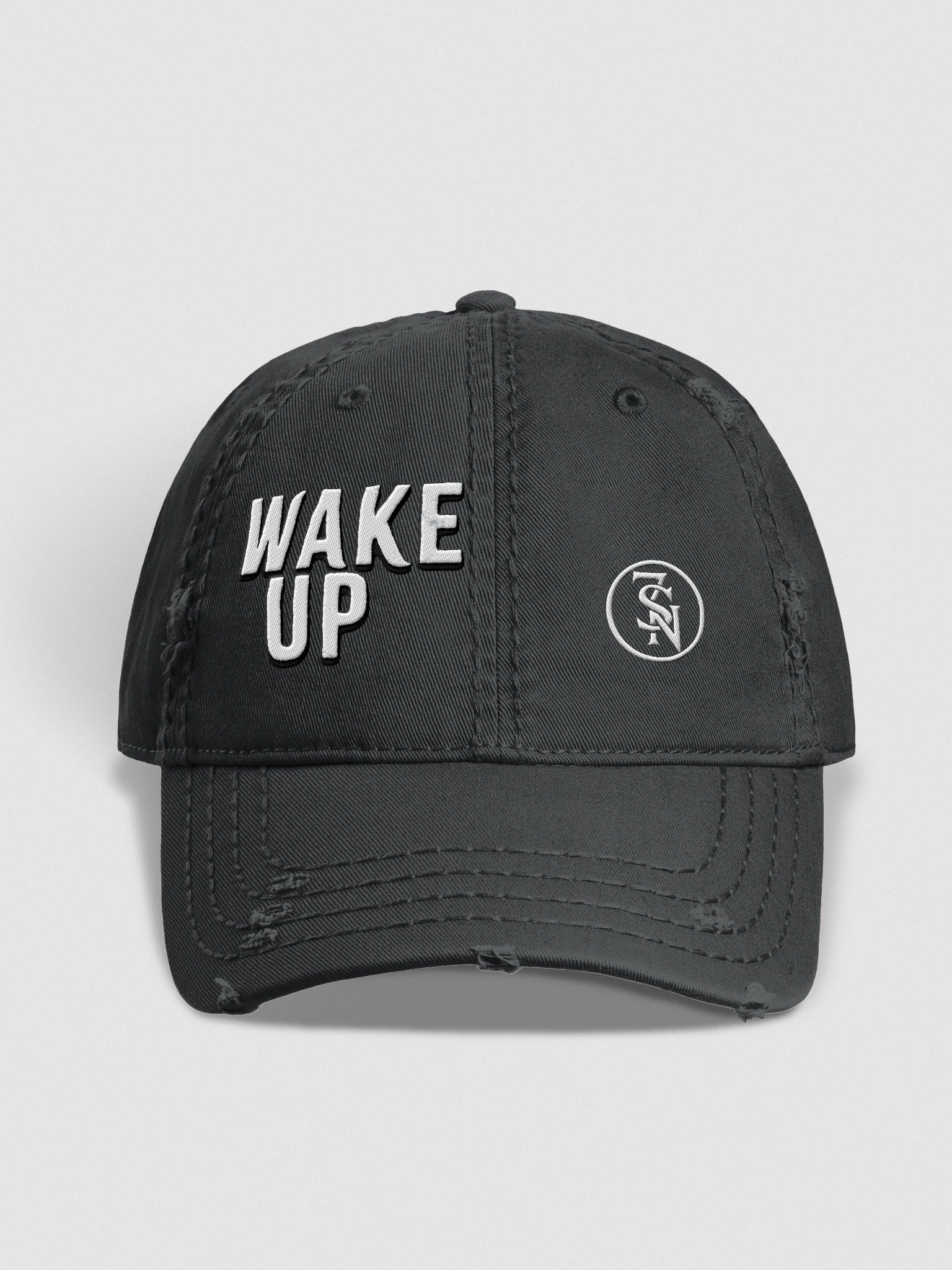 “Wake Up” embroidered distressed cap – black grunge dad hat from Seven Shades of Nothing – Otto Distressed Dad Hat product image (1)
