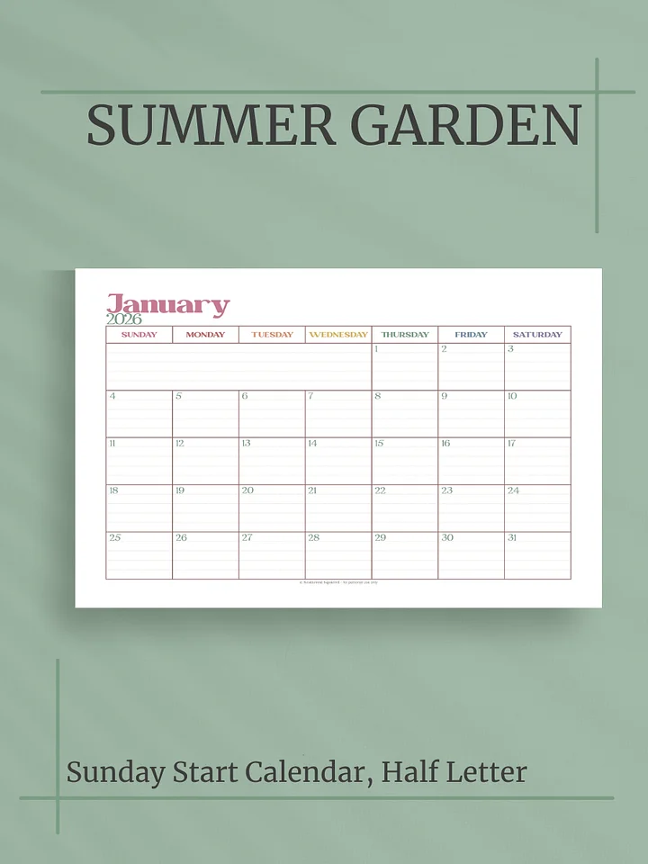 Summer Garden 2026 Calendar - Single Page per Month, Sunday Start, Half Letter Size product image (1)
