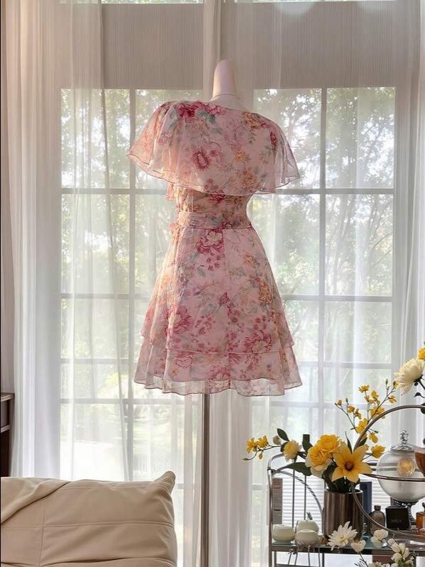 Blush Pink Floral Wrap V-Neck Mini Dress | Women's Boho A-Line High Waist Flared Dress for Summer Vacation & Garden Party | ADLEST product image (2)
