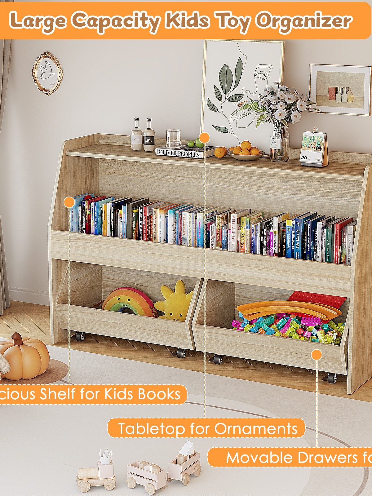 2-Tier Portable Toy Storage, Kids Toy Organizer W/2 Removable Bins with 4 Wheels（Wood) product image (4)