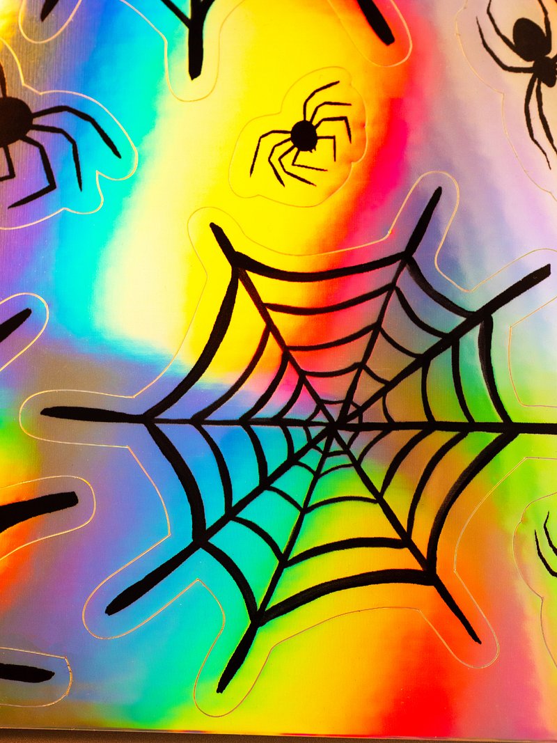 Holographic Spiders and Spider Webs Sticker Sheet. Waterproof Iridescent Vinyl. Shimmering Rainbow Effect