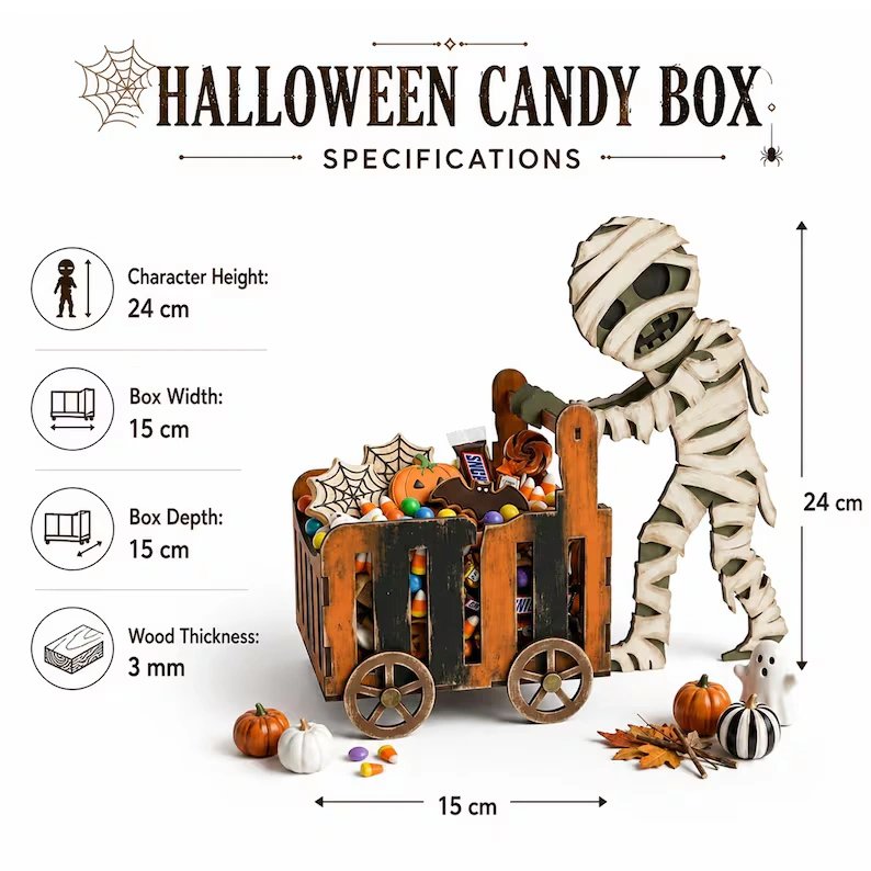 3D Halloween Candy Box SVG Bundle – Spooky Treat Cart Laser Cut Files for Glowforge & Woodworking product image (2)