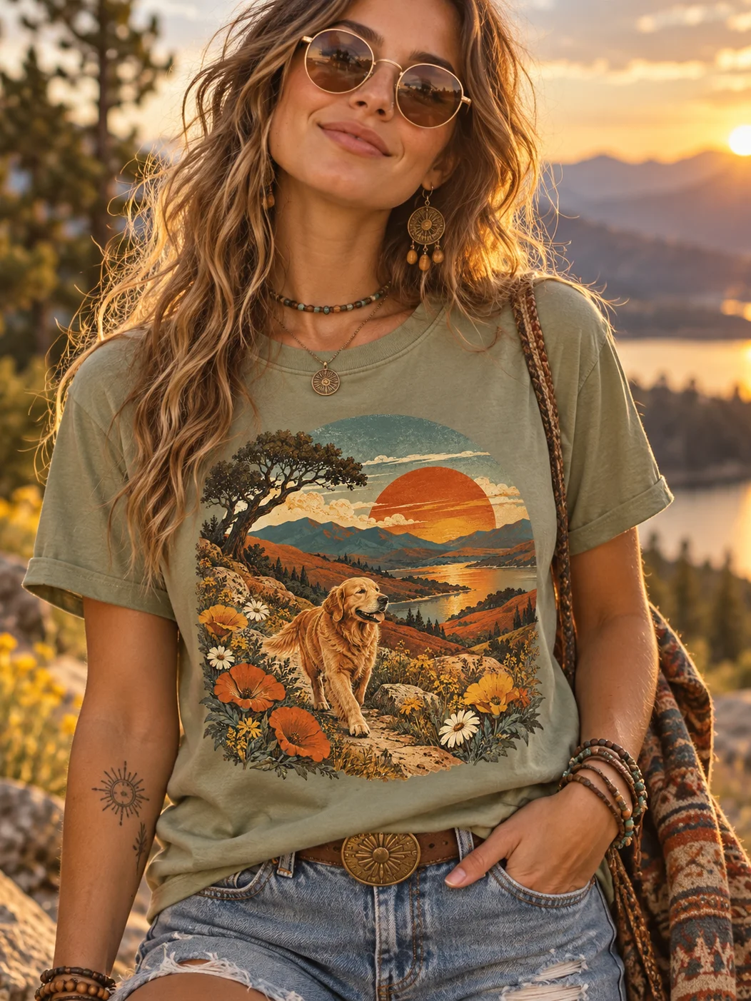 Retro Golden Retriever T-Shirt | Vintage Dog Lover Graphic Tee | 70s Sunset Dog Shirt product image (1)