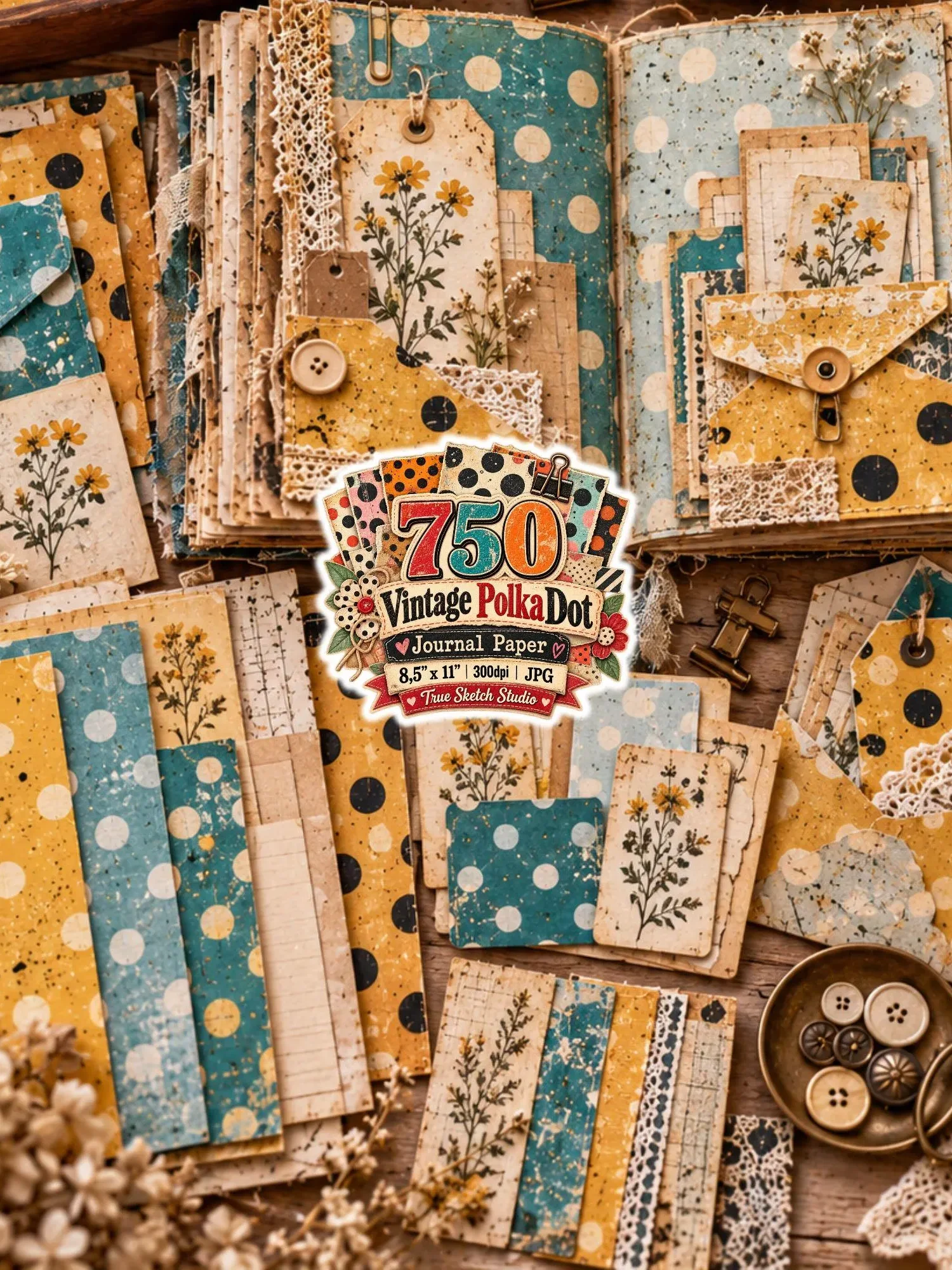 750 Vintage Polka Dot Digital Paper Bundle, Grunge Junk Journal Backgrounds, Retro Scrapbook Pages, US Letter 300DPI JPG, Printable Download product image (6)