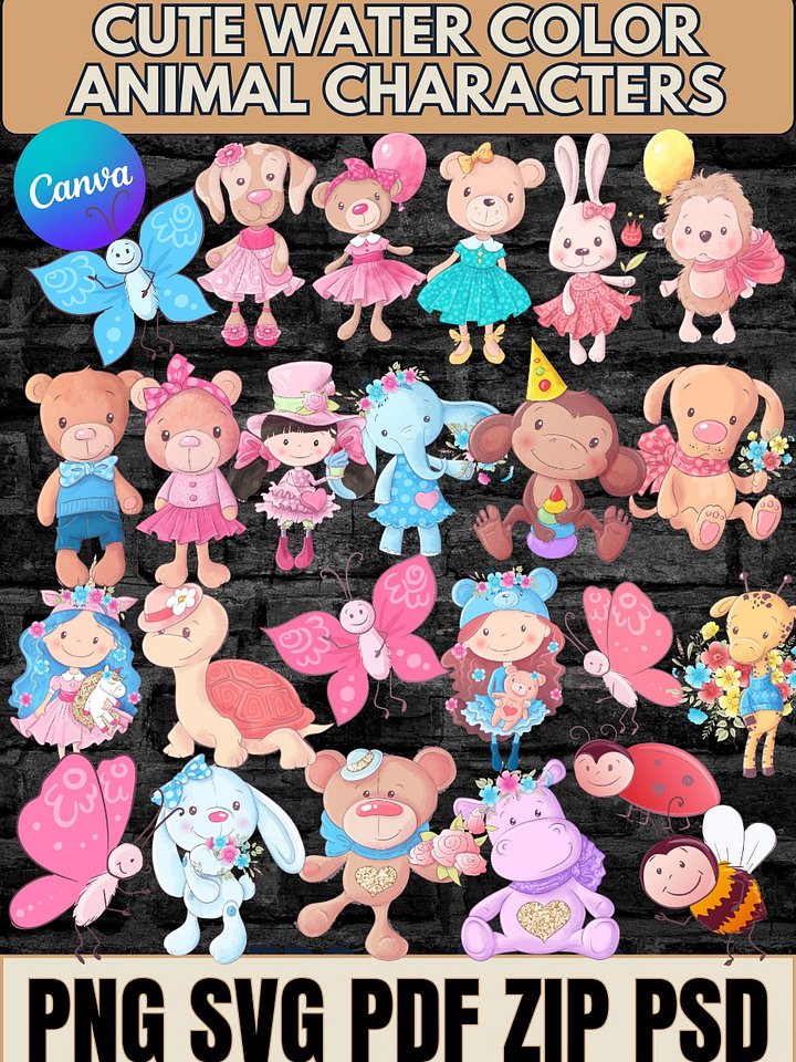 VIP MEMBERS ONLY! Cute Watercolor Animal Characters Editable in Canva - PNG SVG PSD PDF Files product image (1)