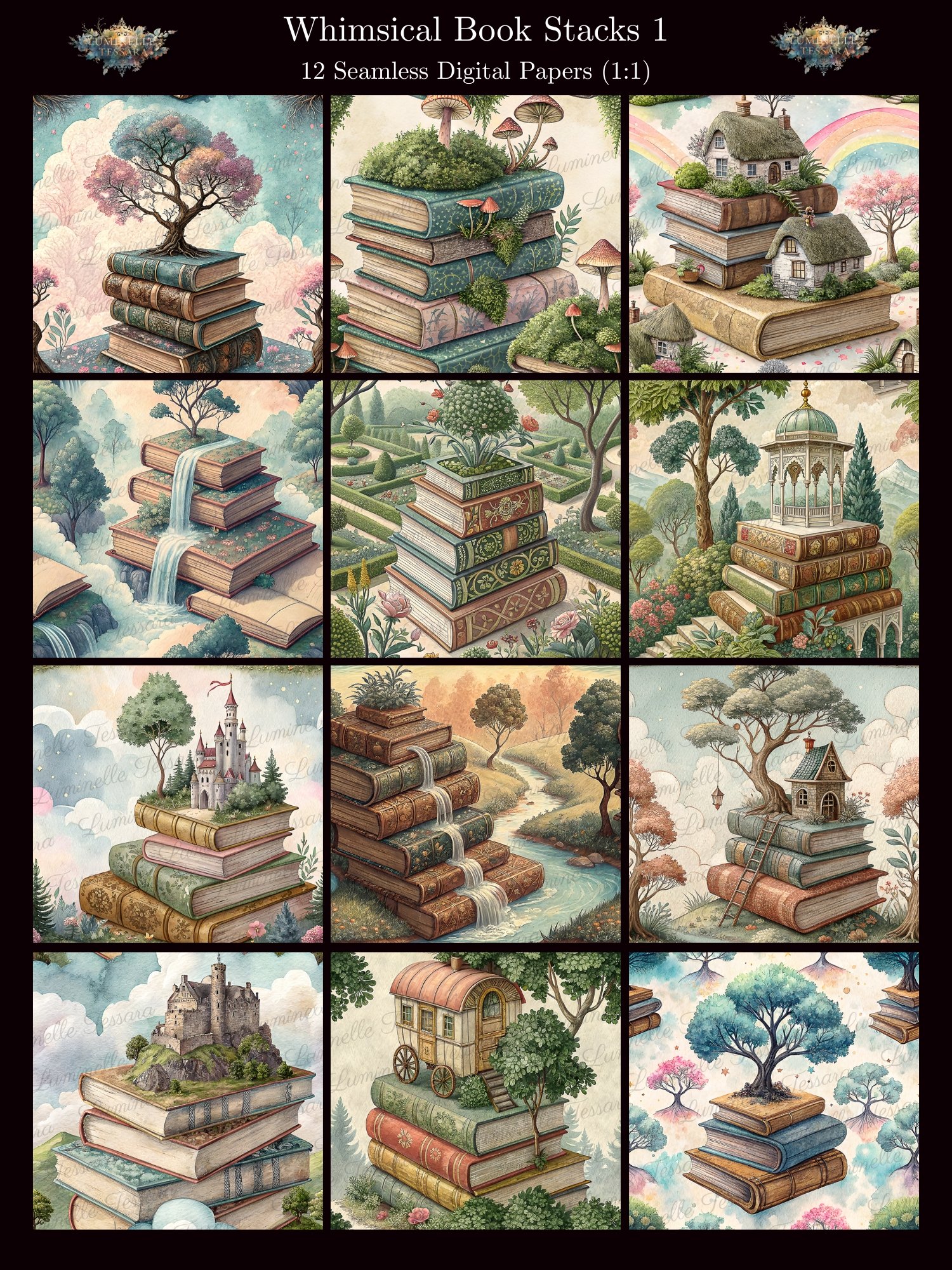 Whimsical Book Stacks 1 – Seamless Digital Paper Bundle product image (1)