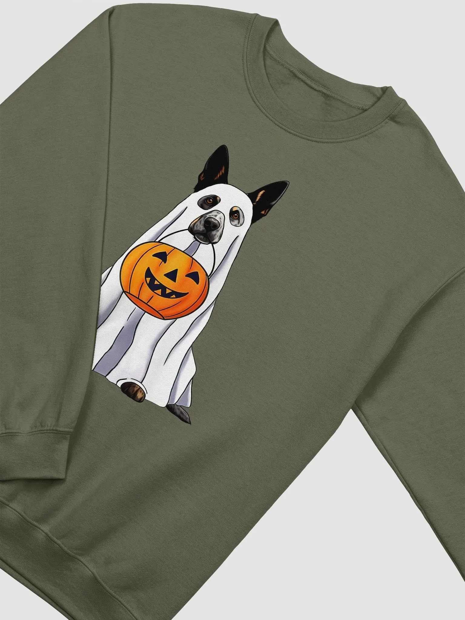 Australian Cattle Dog Halloween Sweatshirt | Funny Halloween Blue Heeler Wearing a Ghost Costume with Pumpkin Basket product image (4)