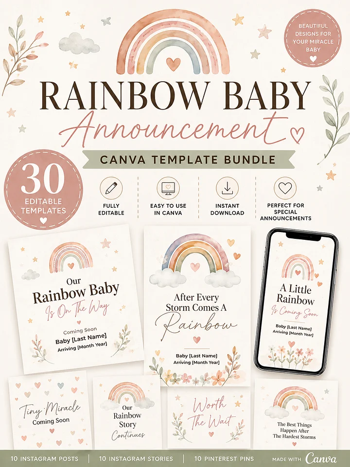 Rainbow Baby Announcement Canva Template Bundle product image (1)