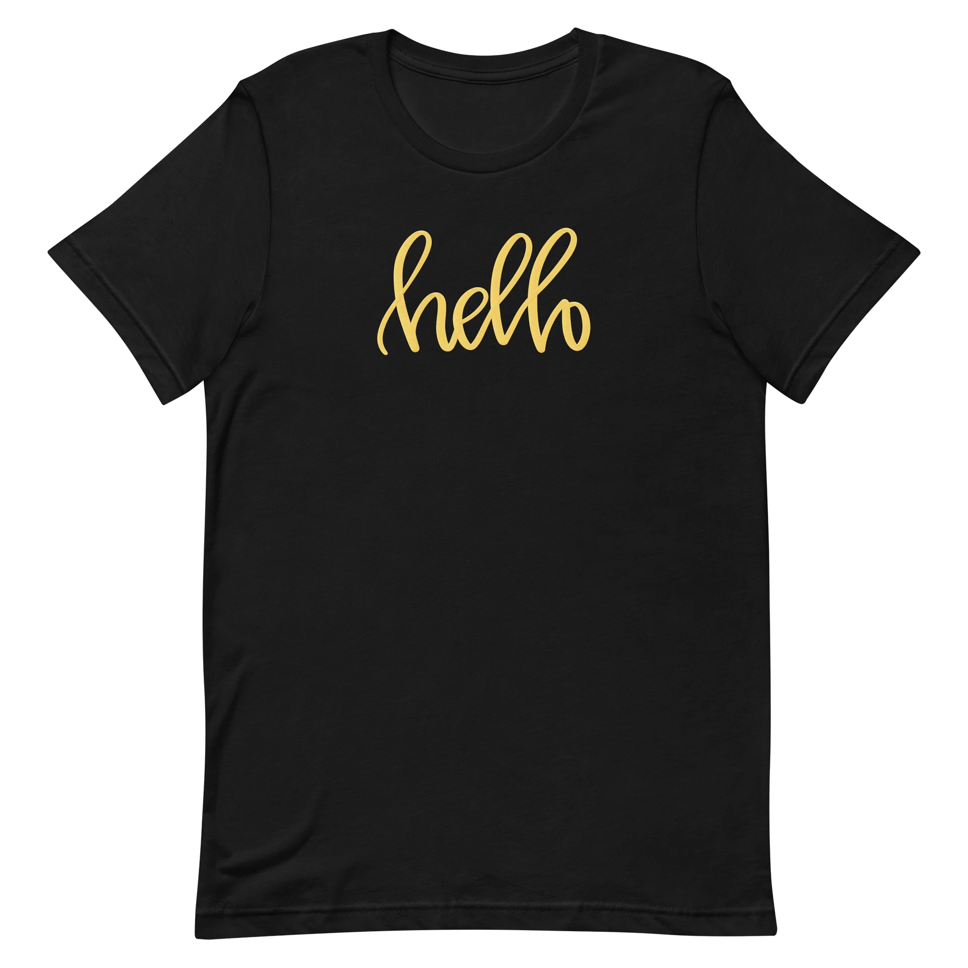 AK’s Hello! — Soft Golden Yellow Font On Dark Colors - T-Shirt product image (6)