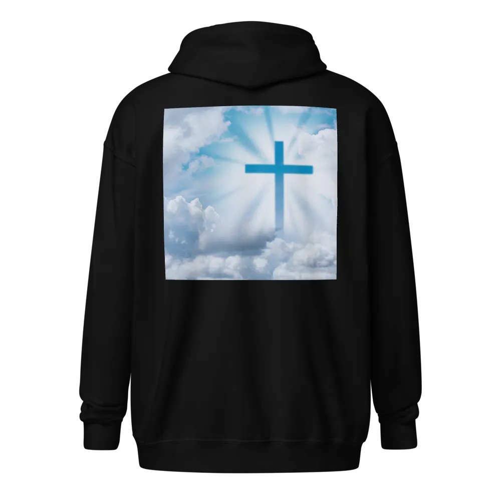 A cross surrounded by a heavenly scene, with rays of light shining through soft clouds in a bright blue sky Hoodie product image (1)