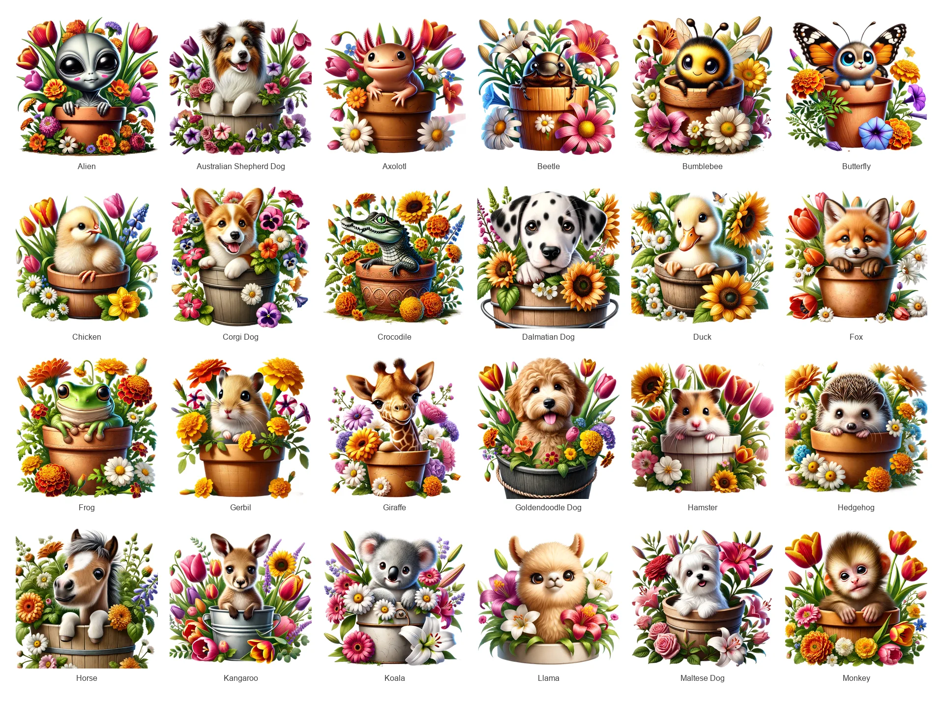Animals in Flower Pots PNG Bundle Vol 1 | 41 Designs | Commercial Use | Sublimation Clipart product image (2)