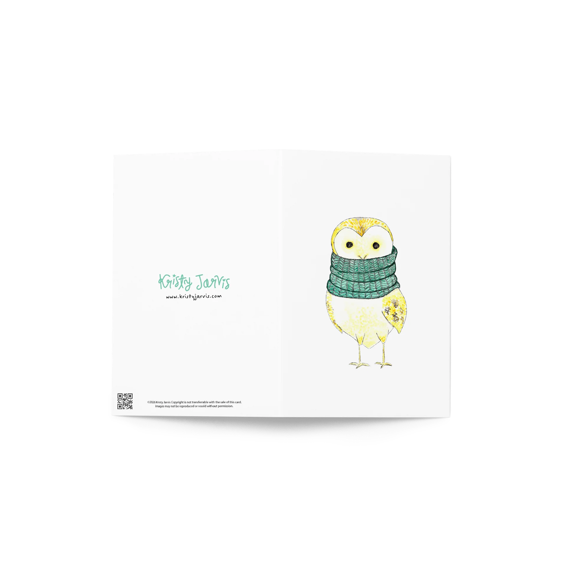 Yellow Watercolor owl in a Green Cowl Greeting Card product image (2)