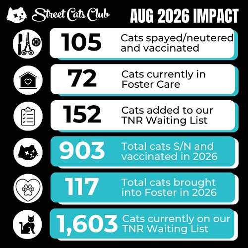 AUGUST WAS A BIG MONTH. 🖤

105 cats spayed/neutered + vaccinated.
152 cats added to our TNR waiting list.
72 cats currently i...