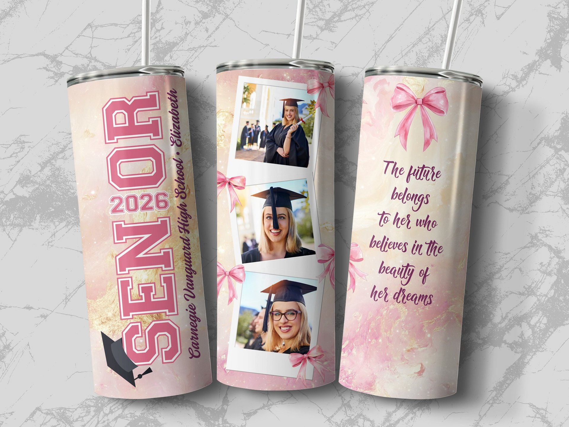 Graduation Photo 20oz Tumbler Wrap PNG, Polaroid Picture Tumbler Pink Coquette Gold, Seamless Sublimation Senior High School, Download product image (4)