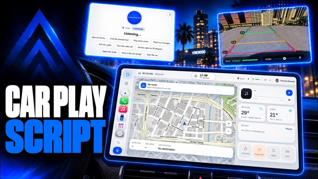 FiveM CarPlay Script 🚗 Autopark, Ai Voice Assistant, GPS, Music & 20 Apps in Your Car (ESX/QB/QBox) product image (1)