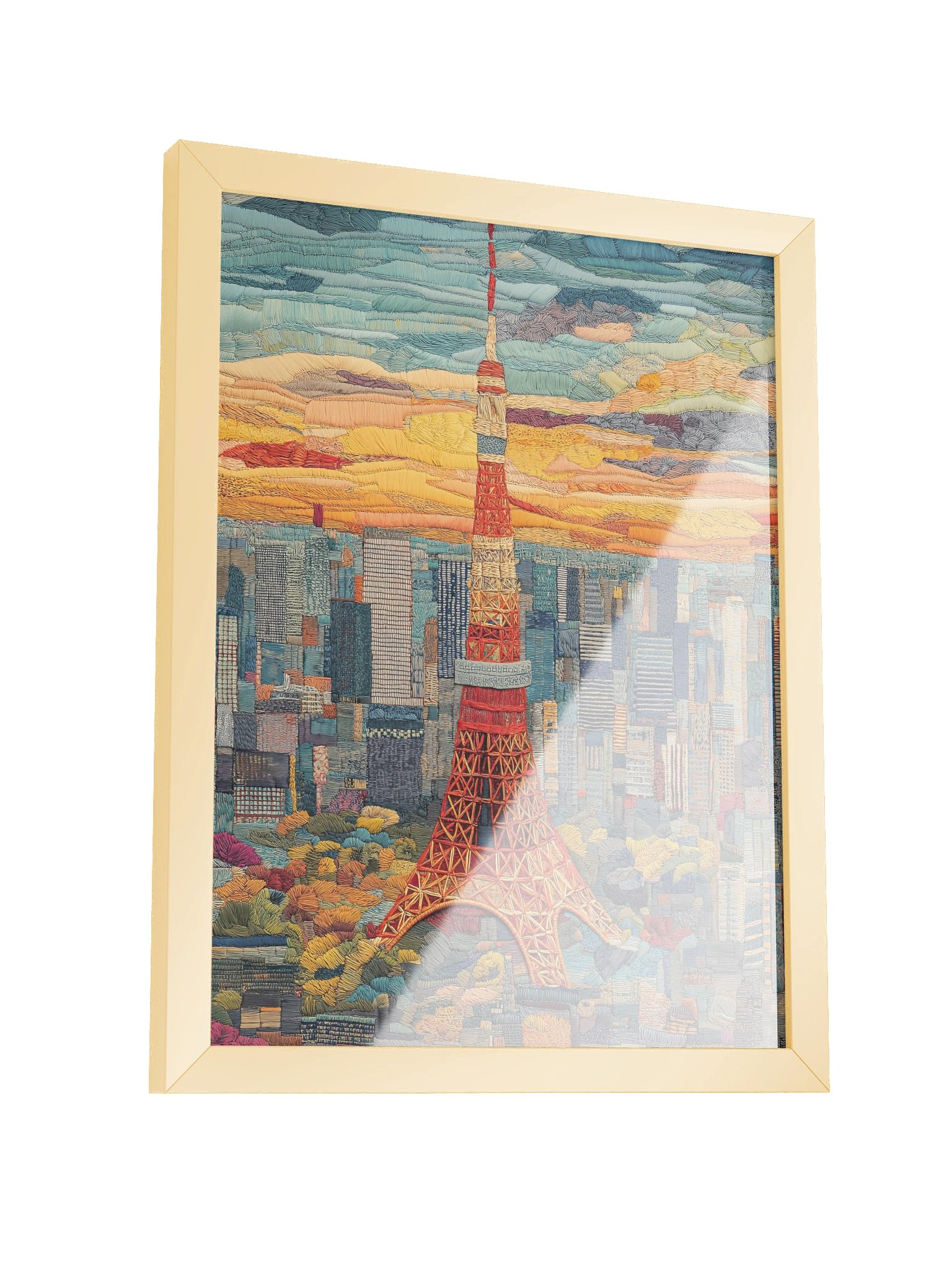 Golden Hour in Tokyo | Embroidery-Style Wall Art — Framed Print product image (23)