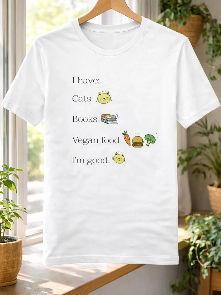 “Cats, Books, and Vegan Food” Unisex White T-Shirt product image (1)