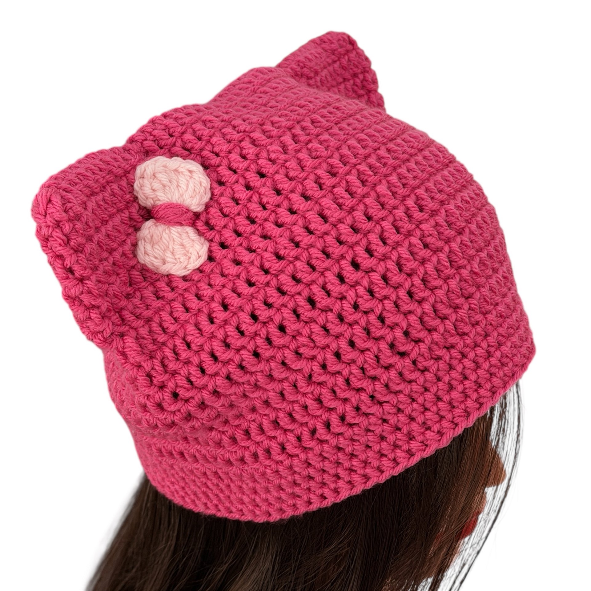 Winter Crochet Custom Cat Ear Beanie Pink with Light Pink bow - for kids 6 - 12yo product image (1)