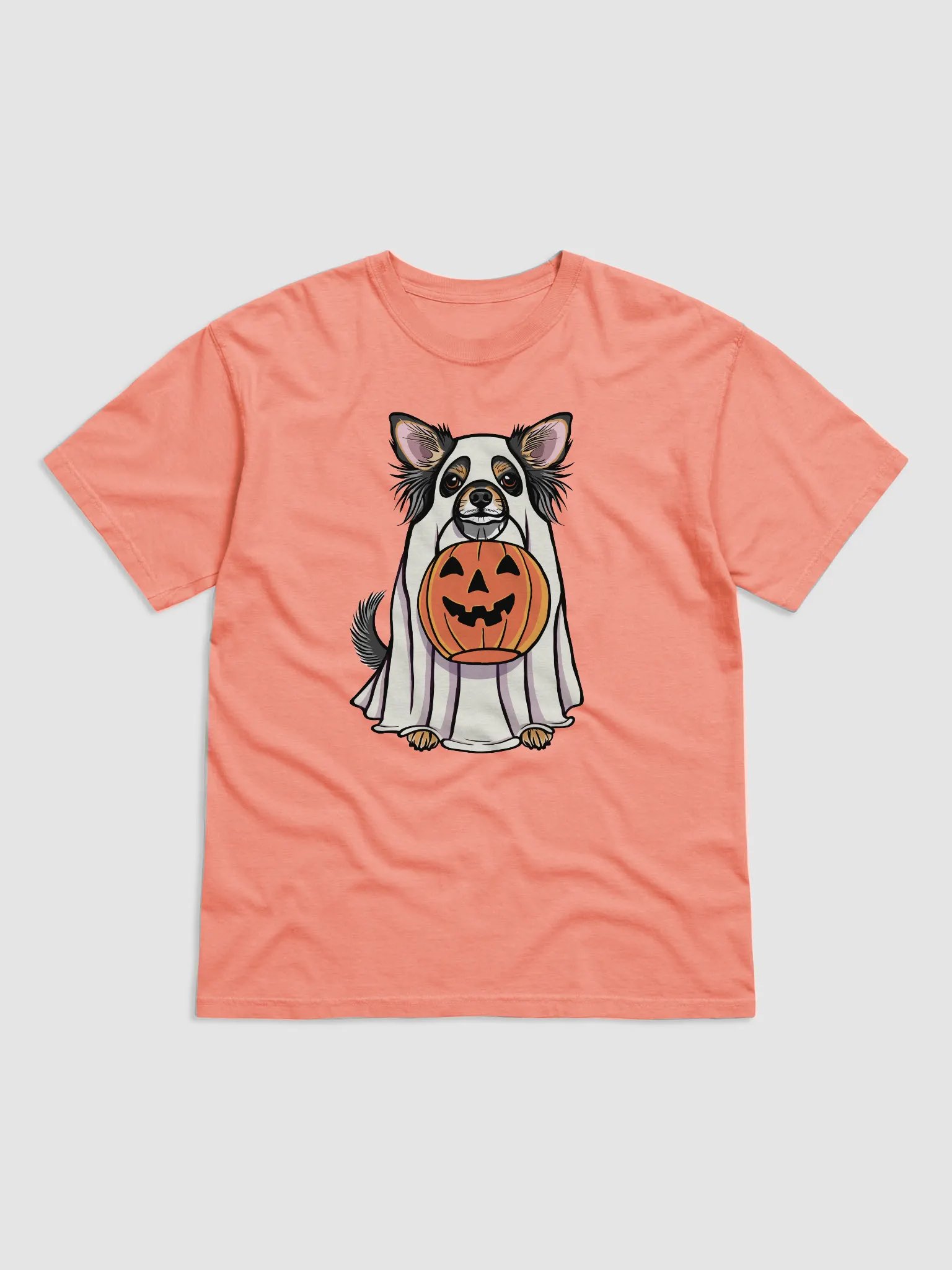 Funny Halloween Longhaired Chihuahua(Tricolor) T-Shirt | Funny Chihuahua Wearing a Ghost Costume and Holding a Pumpkin Basket product image (1)