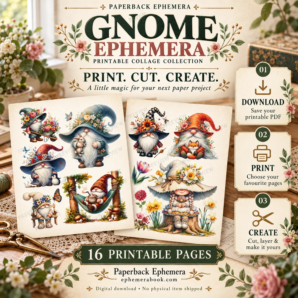 Gnome Ephemera Printable PDF – 16 Junk Journal Collage Sheets product image (2)