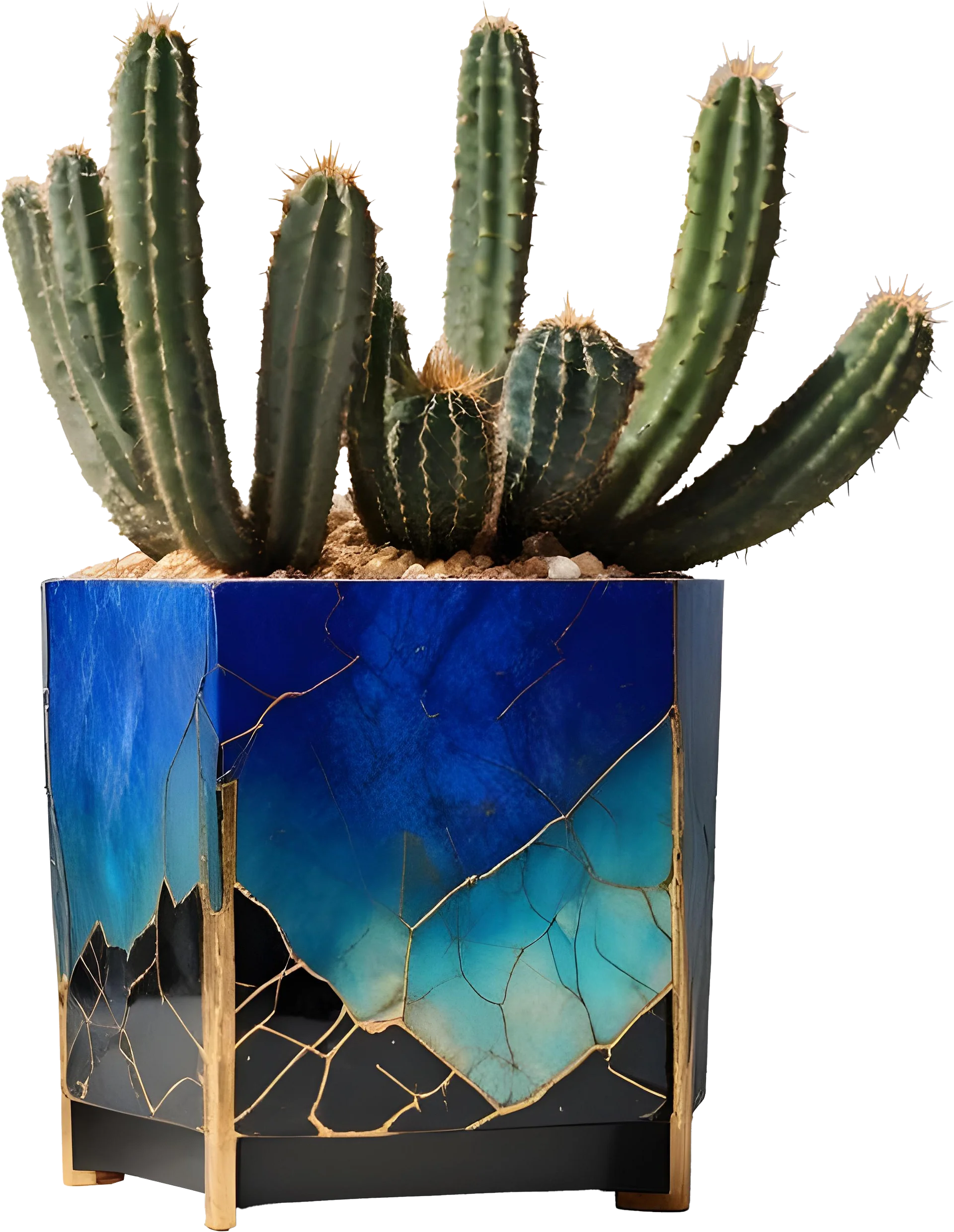 Kintsugi Elegance – Blue Gradient Planter with Gold Repair PNG product image (1)